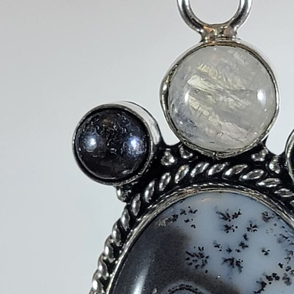 Handmade Silver Pendant With Dendritic Agate, Moonstone Flash & Black Onyx Trio - Picture 3 of 9